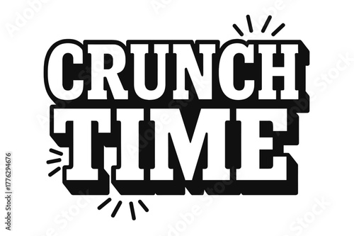 Crunch Time Typography. . Crunch Time ? Bold Block Lettering: massive geometric caps with chunky slab serifs, heavy outer outline and deep flat drop shadow;
