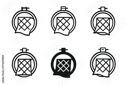 Quilting Project Logos. Sewing and quilting projects. Set Logo of Sewing and quilting projects: quilting hoop with fabric. Icon set. harmonious logo variations