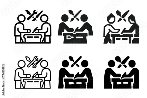 Collaborative Art Logos. Artists working together in a workshop. Set Logo of Artists working together in a workshop: shared workbench with tools. Icon set.