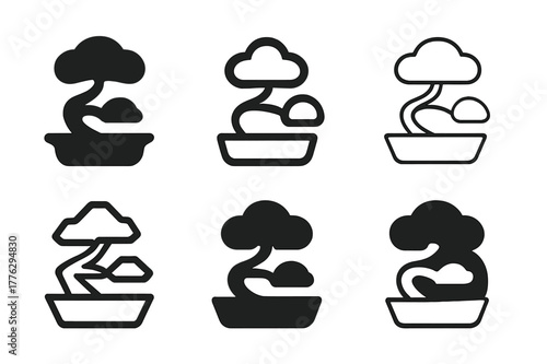 Elegant Pot Logos. Plant pot. Icon set. Set Logo of plant pot: bonsai tray pot. harmonious logo variations of the same emblematic concept, each with different