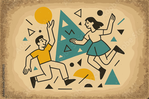 Dusty Nostalgic Geometric Scene. Dusty Photograph. Old photograph covered in dust with floating abstract geometric particles and soft light accents, nostalgic