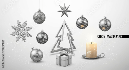 Elegant silver Christmas ornaments and glowing candle create a festive, modern holiday mood for your seasonal designs and winter marketing campaigns