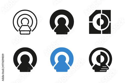 MRI Emblem Logos. MRI machine. Set Logo of MRI machine: superconducting magnet bore cross-section. Icon set. harmonious logo variations of the same emblematic