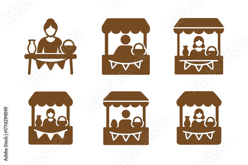 Rural Women Entrepreneur Logos. Women entrepreneurs in rural areas. Set Logo of women entrepreneurs in rural areas: handmade craft market stall. Icon set.