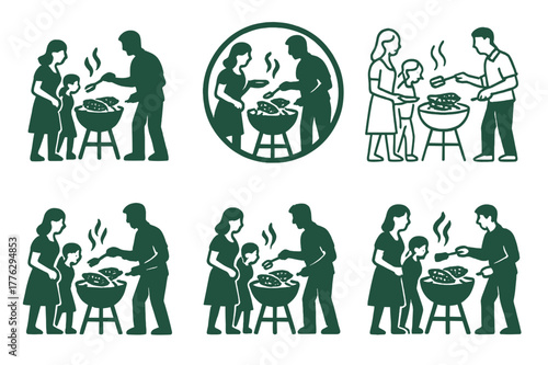 Family BBQ Logos. A family enjoying a BBQ in the backyard, with grilled meats and vegetables. Set Logo of A family enjoying a BBQ in the backyard, with grilled