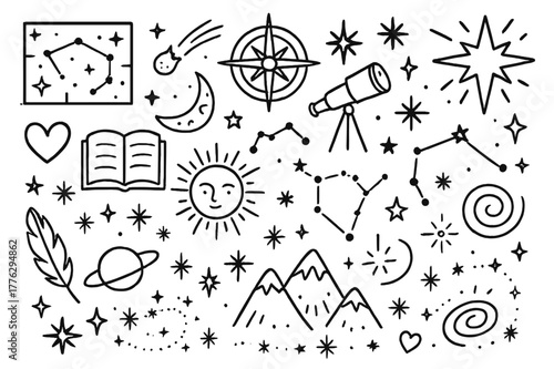 Cosmic Doodle Art. Star maps and cosmic art. Hand-drawn doodle illustration Star maps and cosmic art constellation grid, compass rose, telescope, starburst,
