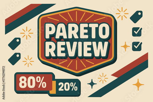 Retro Productivity Poster. Pareto Review ? Retro Poster; chunky rounded title inside a framed badge with corner rays; diagonal stripe accents and spark bursts;