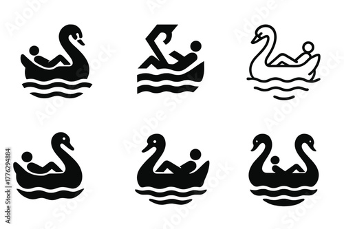 Swan Float Logos. Floating on an inflatable. Set Logo of Floating on an inflatable: person reclining on swan float silhouette. Icon set. harmonious logo
