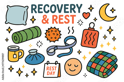 Colorful Restful Icons. Recovery and rest. Colorful Hand-drawn doodle Children illustration Recovery and rest pillow, moon, stars, foam roller, massage ball,