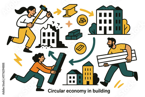 Circular Economy in Construction. Circular economy in building. Flow of arrows connecting demolished and new structures; materials reappear as icons of beams,