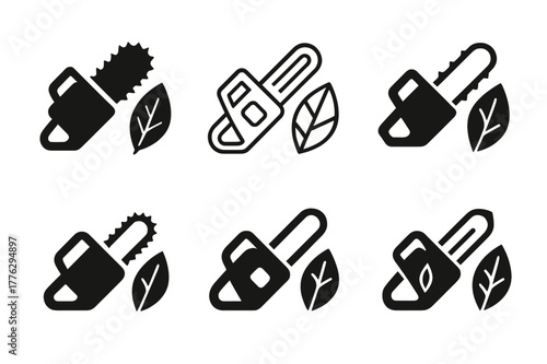 Deforestation Logo Variations. Deforestation. Set Logo of deforestation: chainsaw and leaf outline. Icon set. harmonious logo variations of the same emblematic