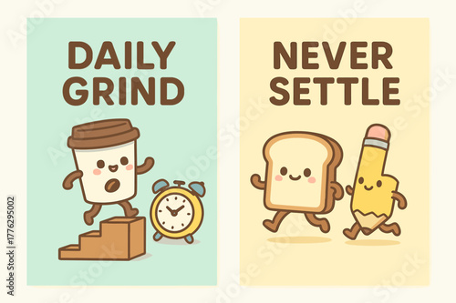 Kawaii Daily Grind. Daily grind. Two vertical A6 banners with safe margins, centered composition, no elements touching edges, kawaii, pastel mint and yellow,