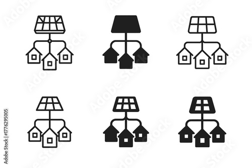 Renewable Energy Logos. renewable energy grids. Set Logo of renewable energy grids: microgrid hub with distributed homes. Icon set. harmonious logo variations