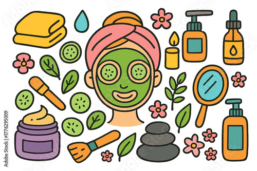 Spa Day Doodles. beauty treatment. Colorful Hand-drawn doodle Children illustration beauty treatment face mask, cucumber slices, headband, towel, cream jar,
