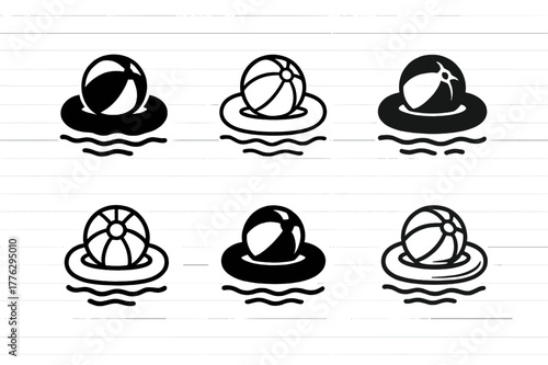Inflatable Logo Variations. Floating on an inflatable. Set Logo of Floating on an inflatable: beach ball and inflatable ring on calm water. Icon set.