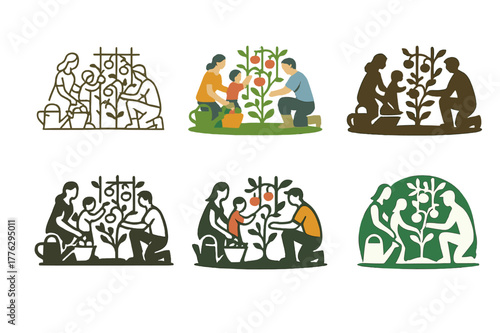 Garden Harvest Logos. A family picking fresh vegetables from their garden in the countryside. Set Logo of a family picking fresh vegetables from their garden