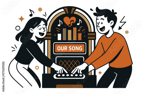 Jukebox Harmony. Jukebox duet. They press chrome buttons together as colorful track bars rise; notes swirl into a shared heart. ?Our song? scrolls on the