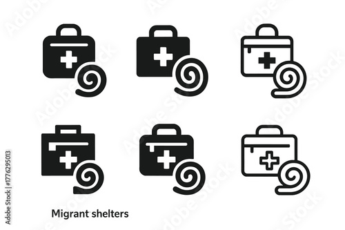 Migrant Shelter Logos. Migrant shelters. Set Logo of Migrant shelters: hygiene kit and blanket bundle. Icon set. harmonious logo variations of the same