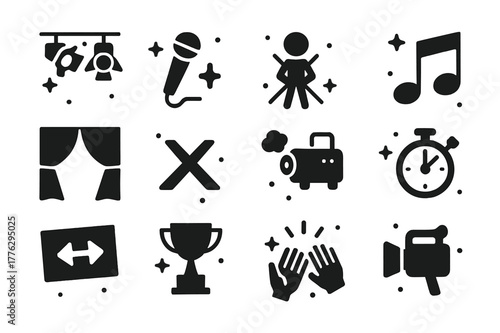 Cosplay Performance Icons. Cosplay stage performance and posing. Solid icons set of Cosplay stage performance and posing: stage lights, microphone, pose guide,