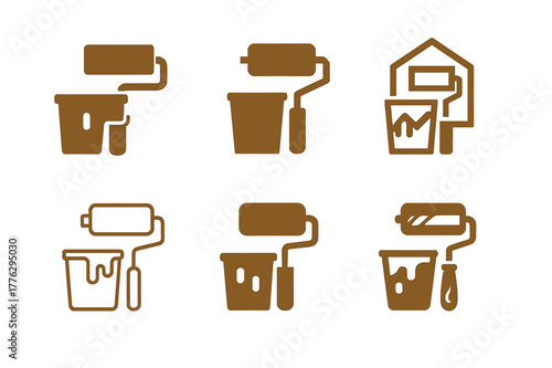 Home Logo Variations. Home maintenance tips. Set Logo of Home maintenance tips: paint roller and bucket. Icon set. harmonious logo variations of the same