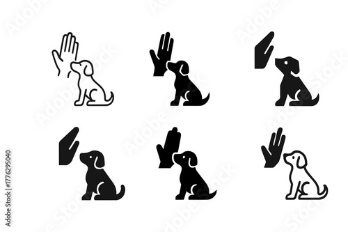 Pet Training Logos. Pet training and obedience classes. Set Logo of Pet training and obedience classes: dog responding to hand signal. Icon set. harmonious