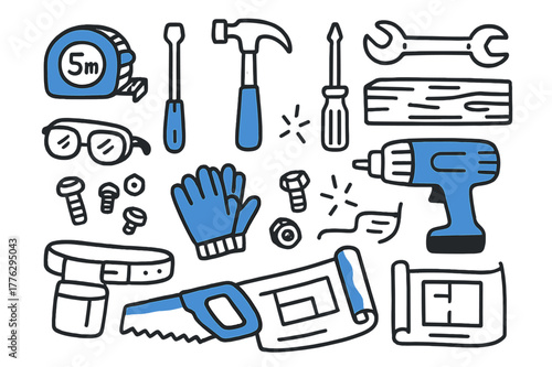 Workshop Tools Doodle. // Workshop essentials. Hand-drawn doodle illustration Workshop essentials [tape measure (accented), hammer (accented), screwdriver,