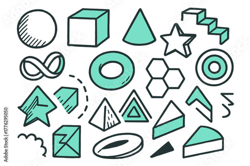 Bold Geometry Doodles. // Bold geometry mashup. Hand-drawn doodle illustration bold geometry mashup [sphere, cube (accented), cone (accented), extruded star,