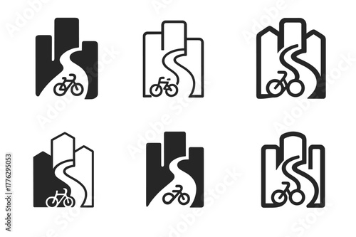 Urban Design Icons. Barriers and solutions in urban design. Set Logo of Barriers and solutions in urban design: bike path weaving through dense city. Icon set.