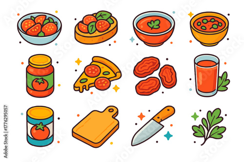 Tomato Kitchen Icons. Tomato-based kitchen creations. Colorful isometric vector icons set of Tomato-based kitchen creations: fresh tomato salad, bruschetta,