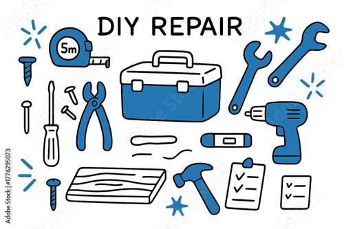 DIY Repair Tools. // DIY repair. Hand-drawn doodle illustration DIY repair [toolbox (accented), tape measure (accented), screw (accented), screwdriver, nails,