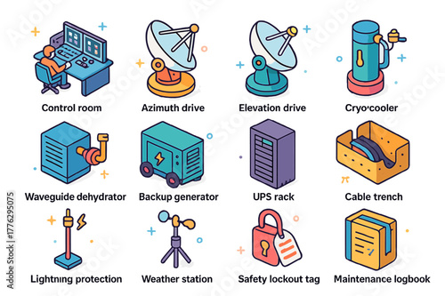 Ground Station Icons. Ground station operations and maintenance. Colorful isometric vector icons set of Ground station operations and maintenance: control