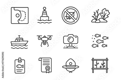 Marine Conservation Icons. Marine Protected Areas. Line icon set of Marine Protected Areas: protected zone map, boundary buoy, no trawl sign, reef icon, patrol
