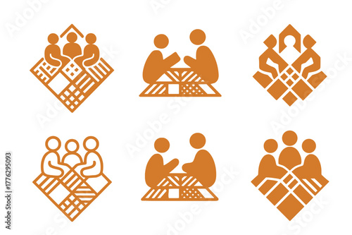 Family Stories Logos. Telling family stories at a gathering. Set Logo of Telling family stories at a gathering: patchwork heirloom quilt. Icon set. harmonious