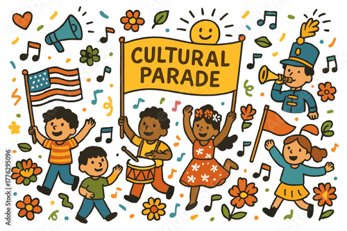 Vibrant Cultural Parade. Cultural parade. Colorful Hand-drawn doodle Children illustration Cultural parade flags, drums, costumes, marching band, banners,