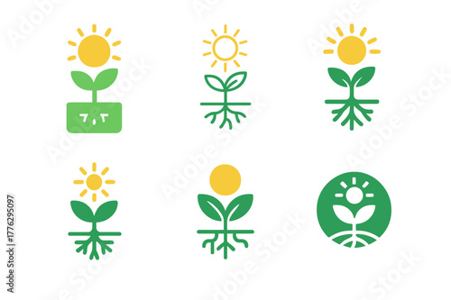 Plant Food Icon Set. How plants make their food. Icon set. Set Logo of how plants make their food: plant with sunlight and roots. harmonious logo variations of