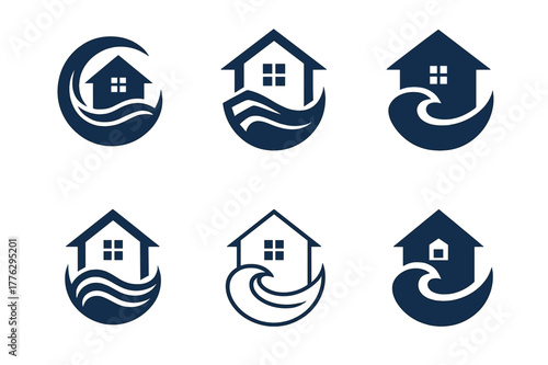 Home Flooding Logos. Dealing with home flooding and water damage. Set Logo of dealing with home flooding and water damage: water wave encircling a secure home.