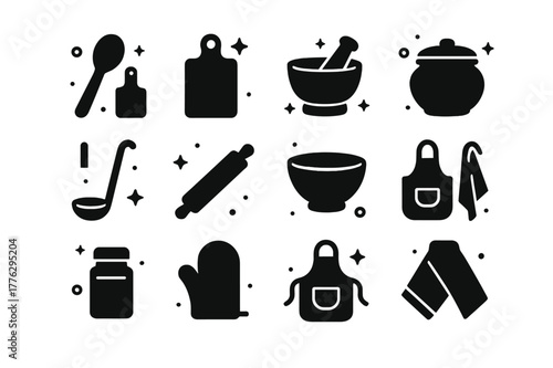 Rustic Kitchen Icons. Rustic Kitchen Tools. Solid icons set of Rustic Kitchen Tools: wooden spoon, cutting board, mortar and pestle, clay pot, ladle, rolling