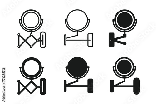 Vanity Mirror Icons. vanity mirror. Set Logo of vanity mirror: Wall-mounted extendable arm mirror. Icon set. harmonious logo variations of the same emblematic