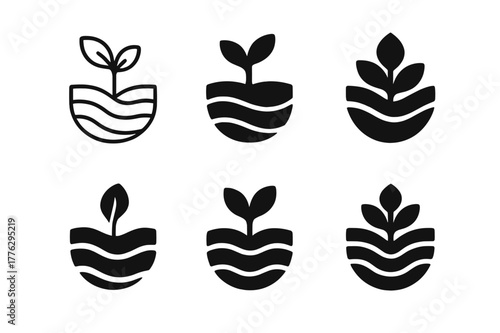 Organic Farming Logos. Organic farming. Set Logo of organic farming: sprouting seed in soil layers. Icon set. harmonious logo variations of the same emblematic