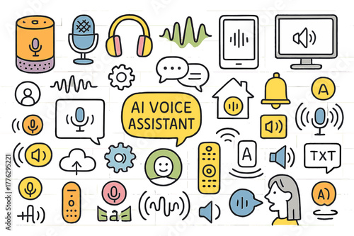 AI Voice Assistant Doodles. AI voice assistant. Hand-drawn doodle illustration smart speaker (colored), microphone (colored), headphones (colored), smartphone
