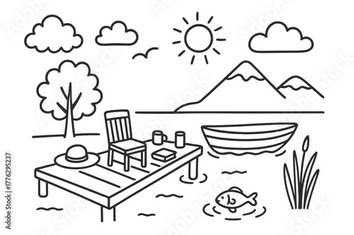Tranquil Lakeside Doodle. Dock by the lake. Hand-drawn doodle illustration wooden dock, lake, boat, chair, tree, clouds, sun, ripple, fish, bird, mountain,