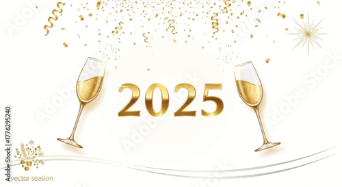 Celebrate New Year 2025 with elegant golden champagne flutes and sparkling confetti for festive parties and joyful gatherings, wishing success and happiness