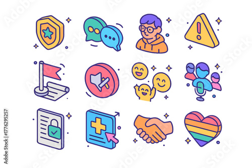 Colorful Community Icons. Online community support. Colorful isometric vector icons set of Online community support: community moderator badge, positive chat