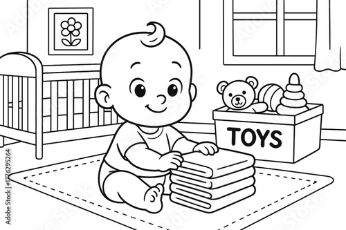 Nursery Tidy Time. Nursery tidy time children?s coloring book illustration, outlined drawing, a baby sitting with a stack of folded clothes beside a crib and