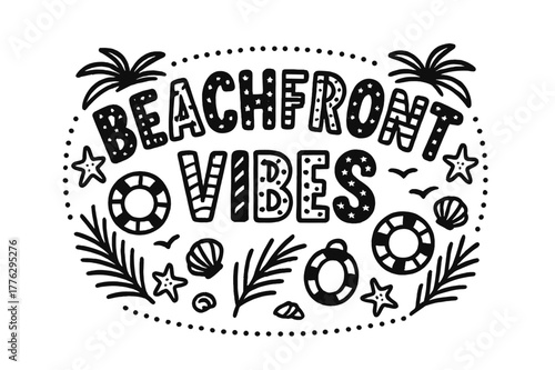 Beachfront Playful Lettering. Beachfront Vibes ? playful decorative display lettering; patterned letters (dots/stripes/stars), gently arched word-shape; framed