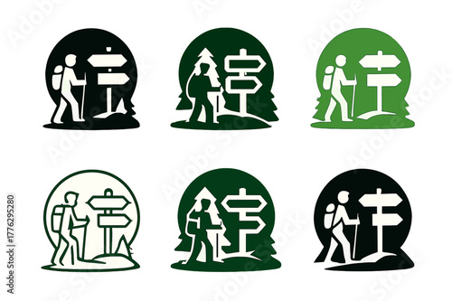 Trail Signpost Logos. Educational field trips and excursions. Set Logo of Educational field trips and excursions: nature trail signpost. Icon set. harmonious