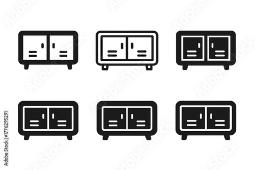 TV Stand Logos. A TV stand with storage for electronics and media. Set Logo of A TV stand with storage for electronics and media: console with tempered glass