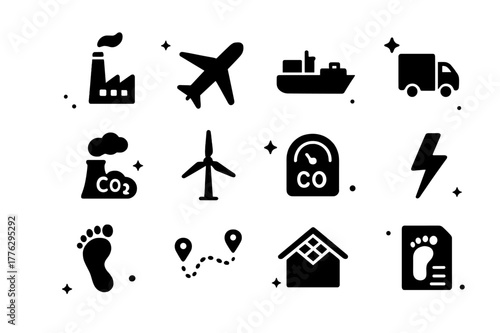 Carbon and Energy Icons. Carbon footprint and energy. Solid icons set of carbon footprint and energy: smokestack factory, cargo airplane, container ship,