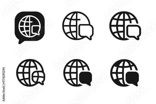 Translation AI Logos. language translation AI. Set Logo of language translation AI: globe merging with chat icons. Icon set. harmonious logo variations of the