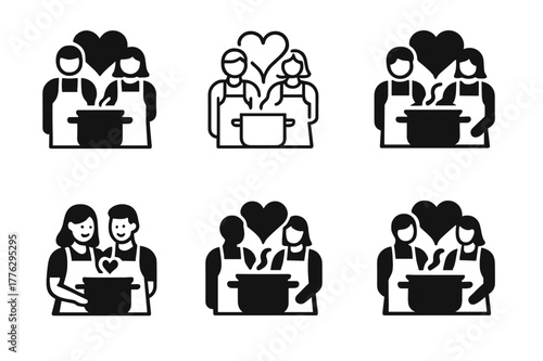 Cooking Love Icons. Couples cooking together in the kitchen. Set Logo of couples cooking together in the kitchen: pair wearing aprons with heart-shaped steam